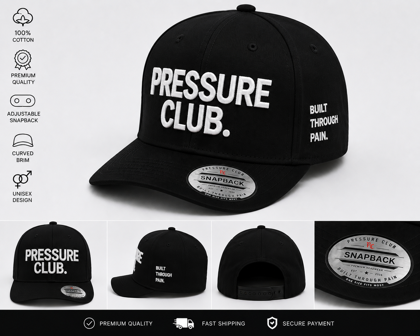 Pressure Club Snapback Cap – Black